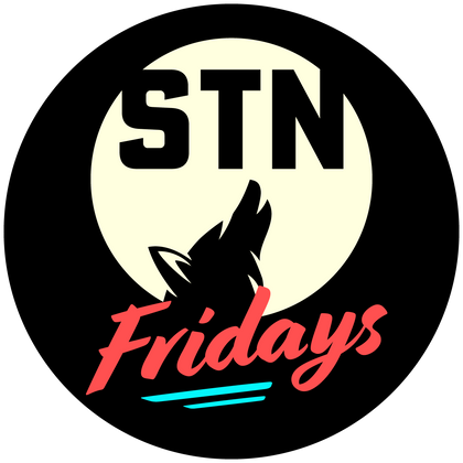 A lone wolf howls at the full moon under the STN Fridays logo